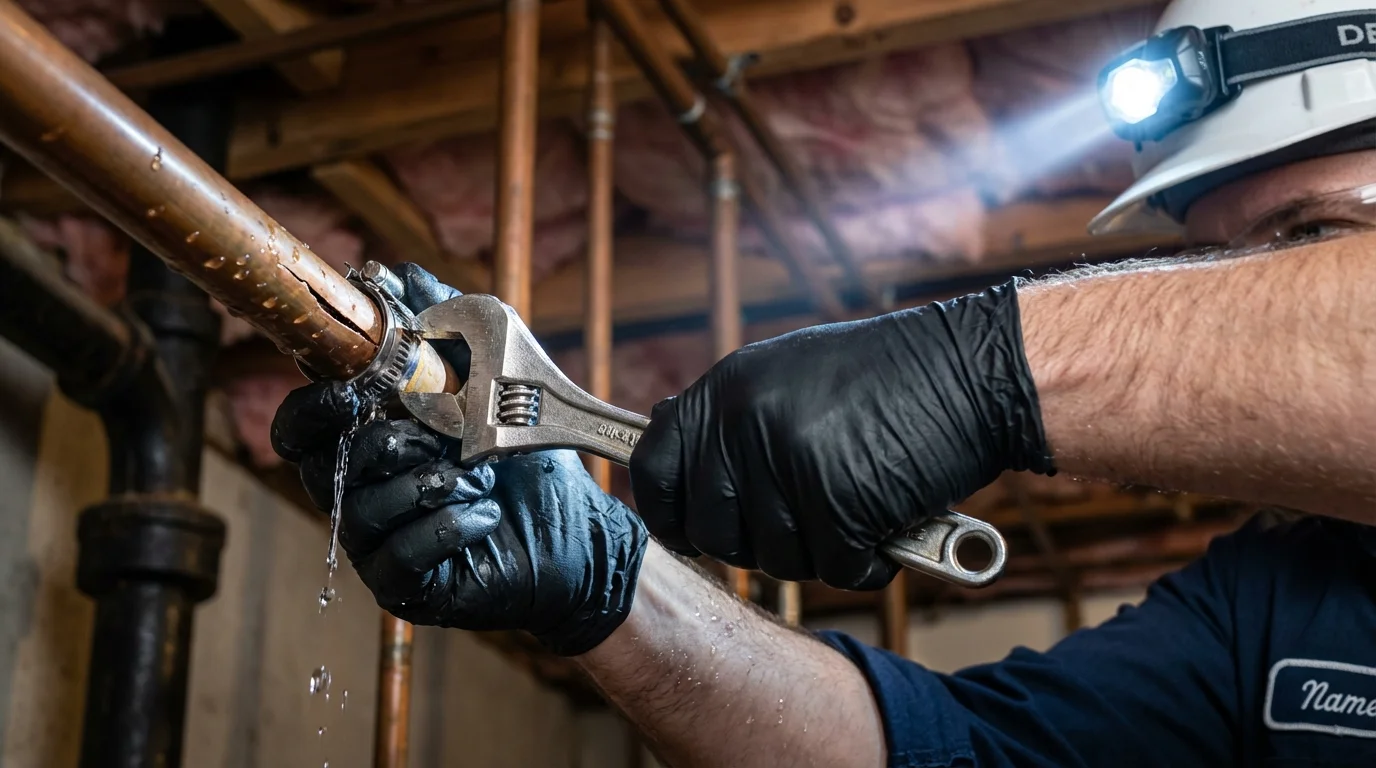 Emergency pipe clamp repair being performed by a Johns Plumbing LLC plumber in Belvidere