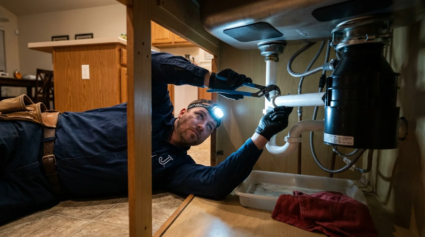 P-trap and supply line connections under a kitchen sink showing a common leak point in Belvidere, NJ